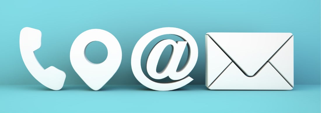 icon of phone, location, @ and envelope on turqoise background