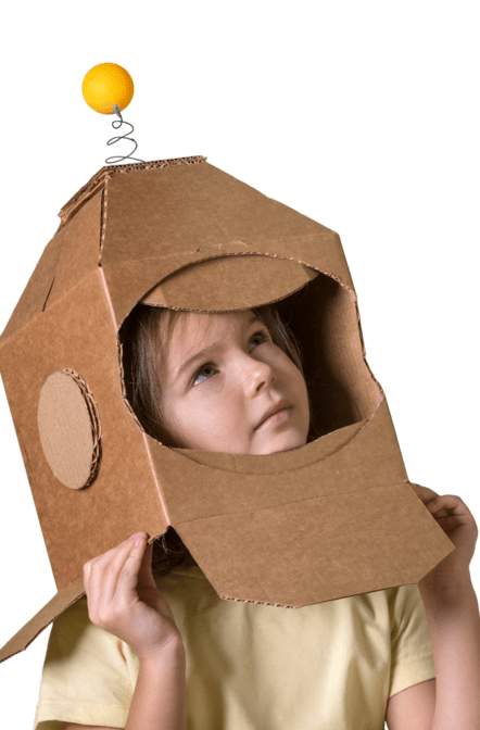 Kid with a astronaut helmet made out of cardboard