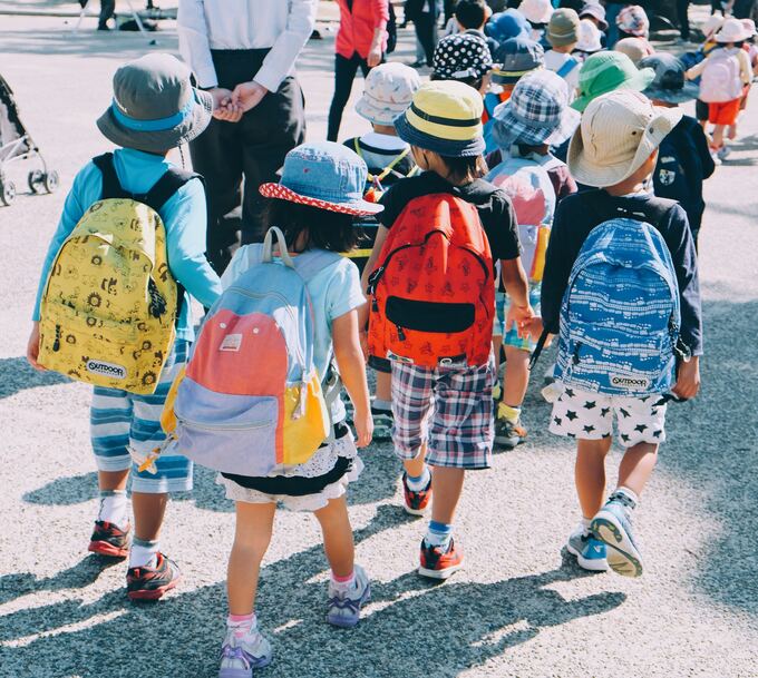 Kids with backpacks walking together holding hands