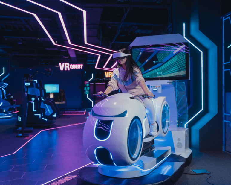 A girl with vr glasses driving in an alternate reality